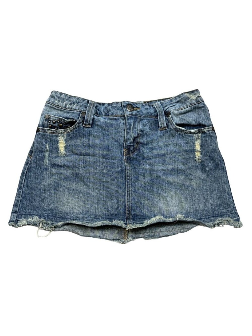 Hint Jeans Distressed Denim Mini Skirt Sz 5 With Studded Pockets Frayed Hem Blue